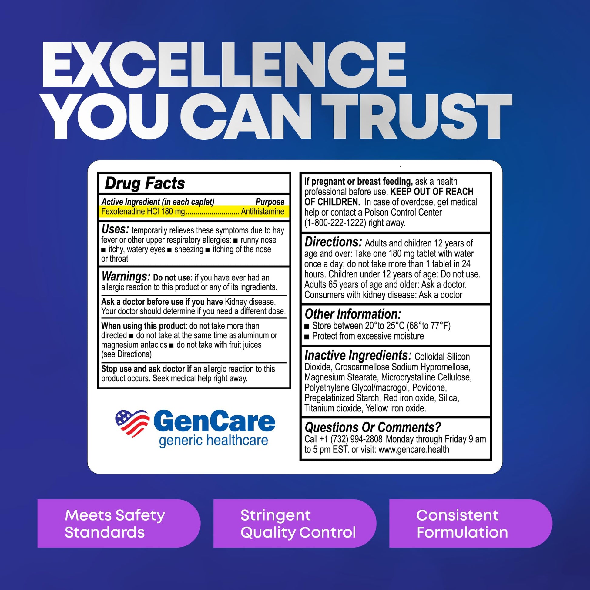 GenCare antihistamine allergy pills packaging top angle showcasing medicine bottle size and premium caplet count.