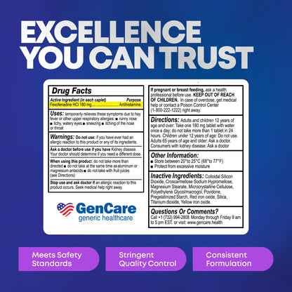 GenCare antihistamine allergy pills packaging top angle showcasing medicine bottle size and premium caplet count.