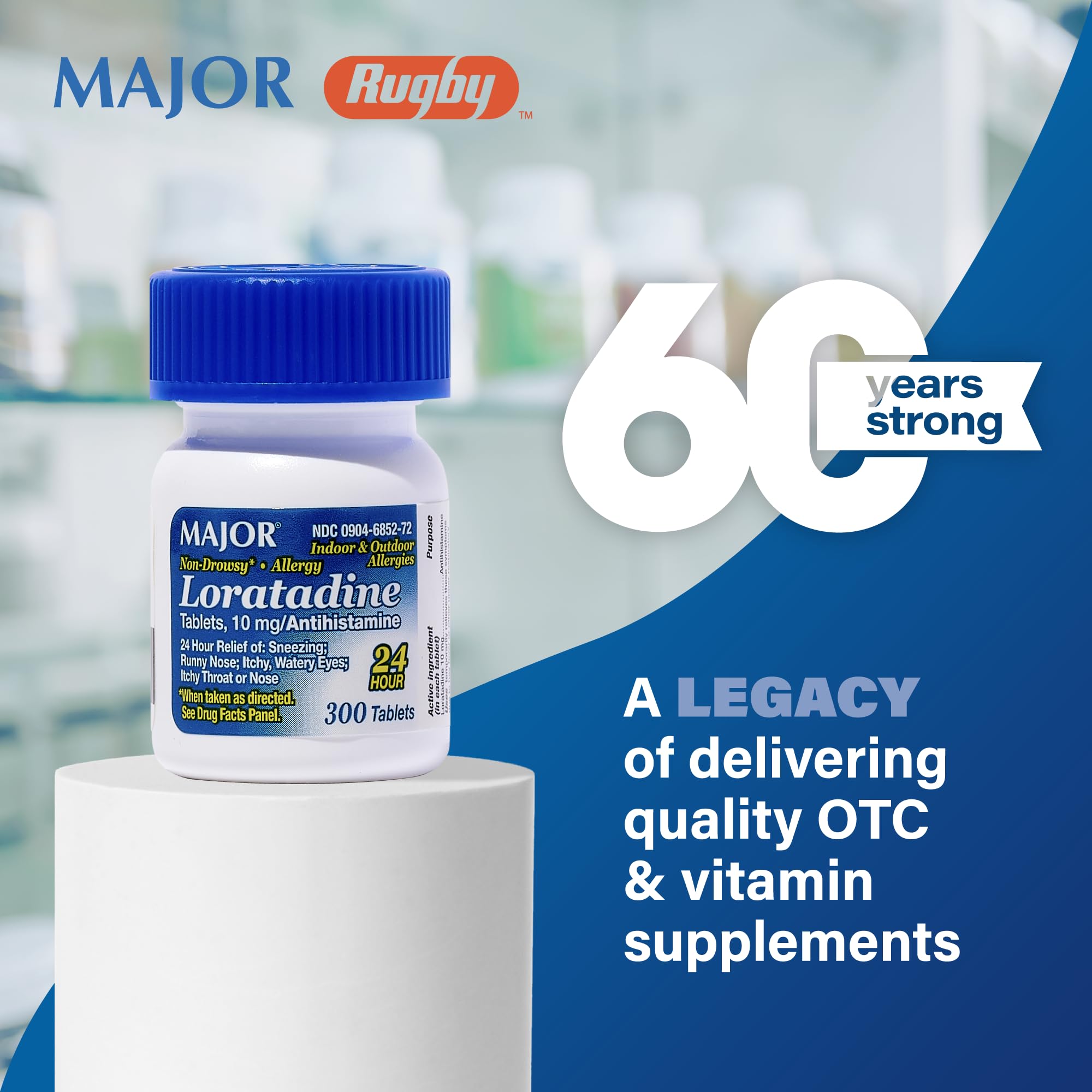 Major Pharmaceuticals loratadine 10mg antihistamine 300 tablets bottle display for 24 hour allergy relief
