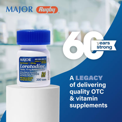 Major Pharmaceuticals loratadine 10mg antihistamine 300 tablets bottle display for 24 hour allergy relief