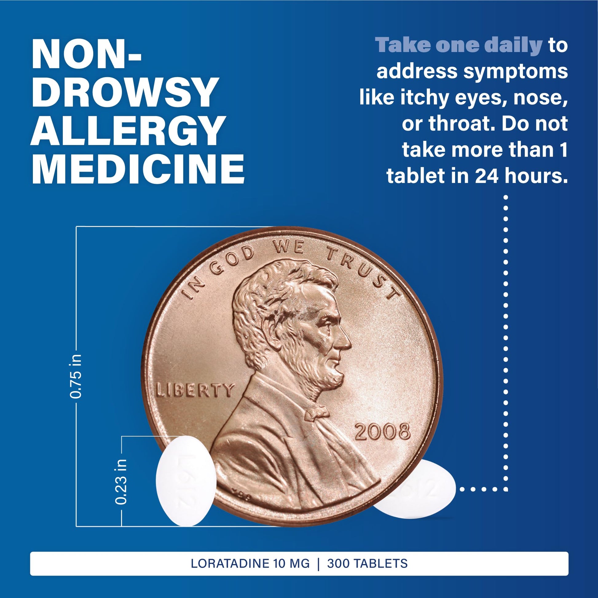 Side view of Major Allergy non-drowsy daily antihistamine bottle highlighting indoor and outdoor symptom treatment