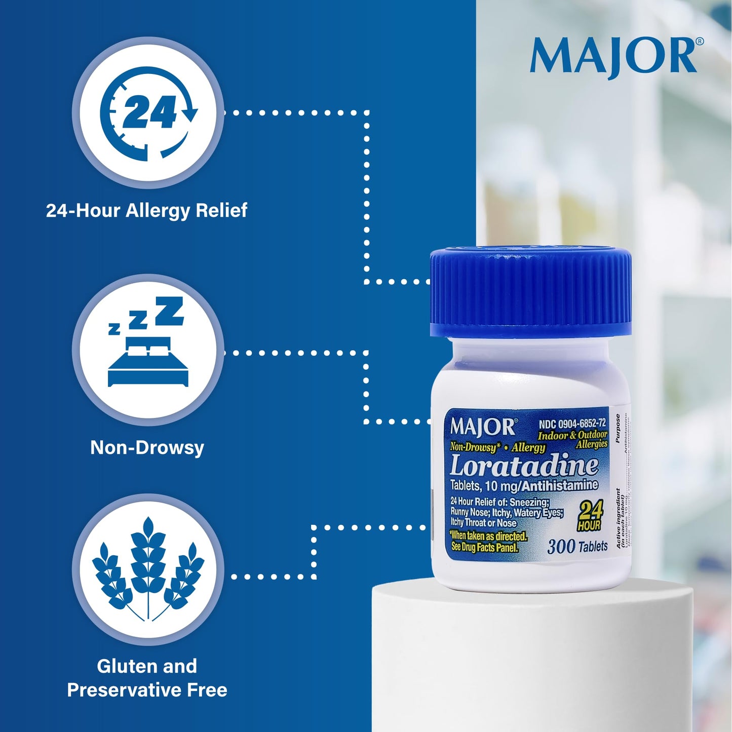 Authentic USA imported Major Loratadine allergy tablets packaging showing drug facts and dosage instructions