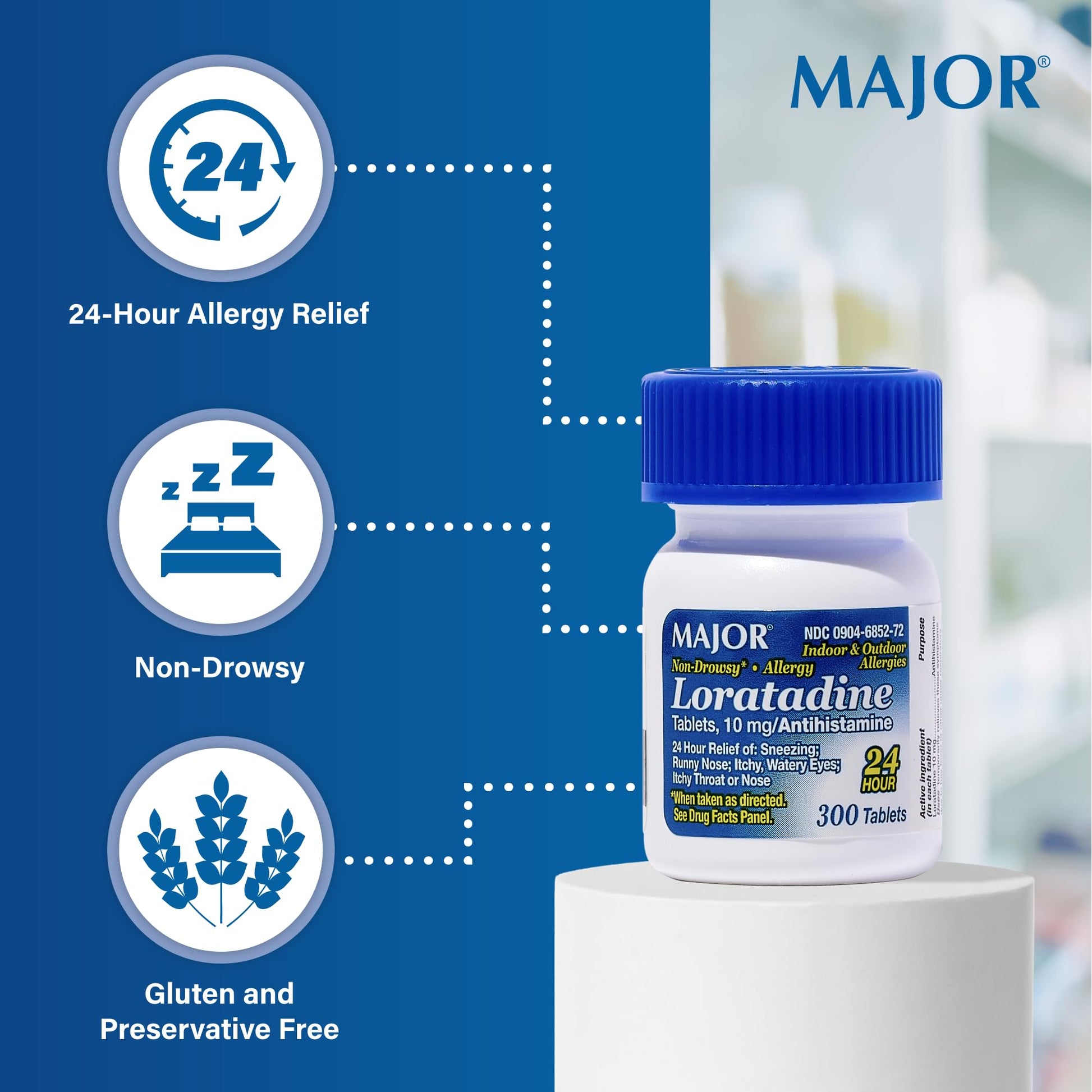 Authentic USA imported Major Loratadine allergy tablets packaging showing drug facts and dosage instructions