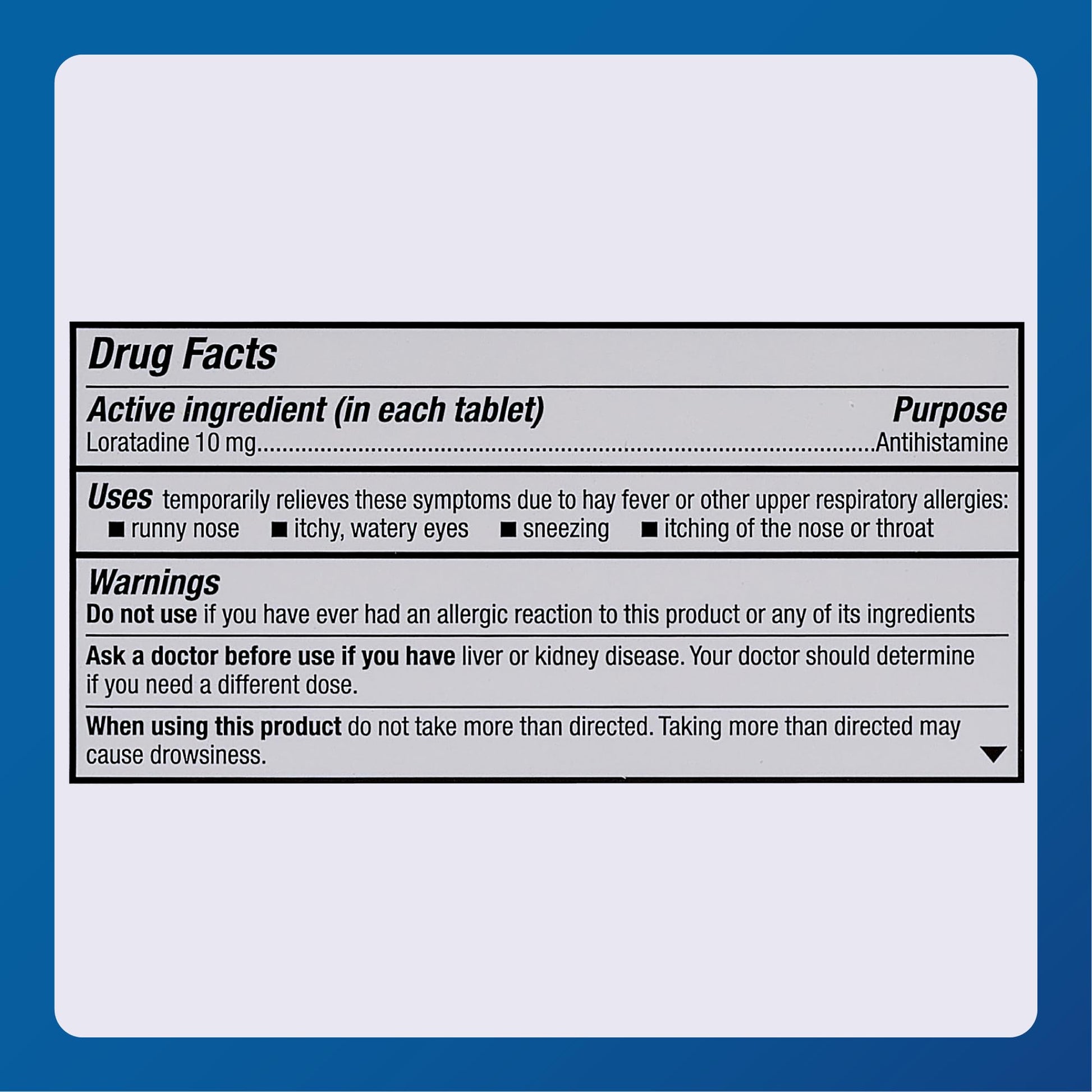 Close up of 300 count Major Allergy Loratadine bottle detailing clean gluten free and soy free formulation