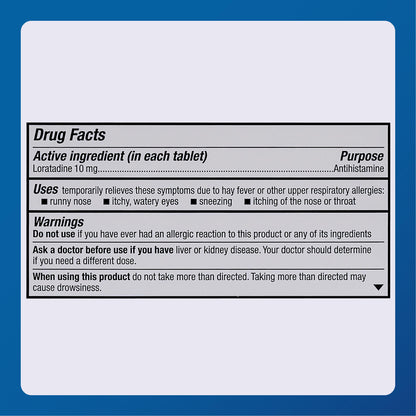 Close up of 300 count Major Allergy Loratadine bottle detailing clean gluten free and soy free formulation