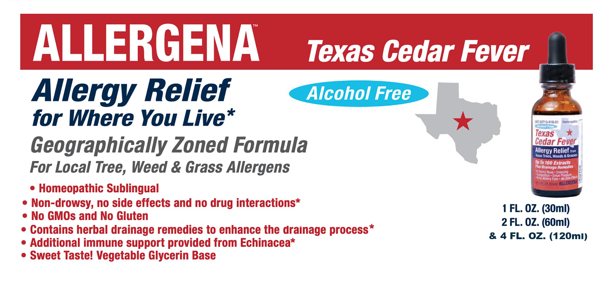 PROGENA Allergena homeopathic sublingual allergy drops packaging showing organic herbal drainage ingredients