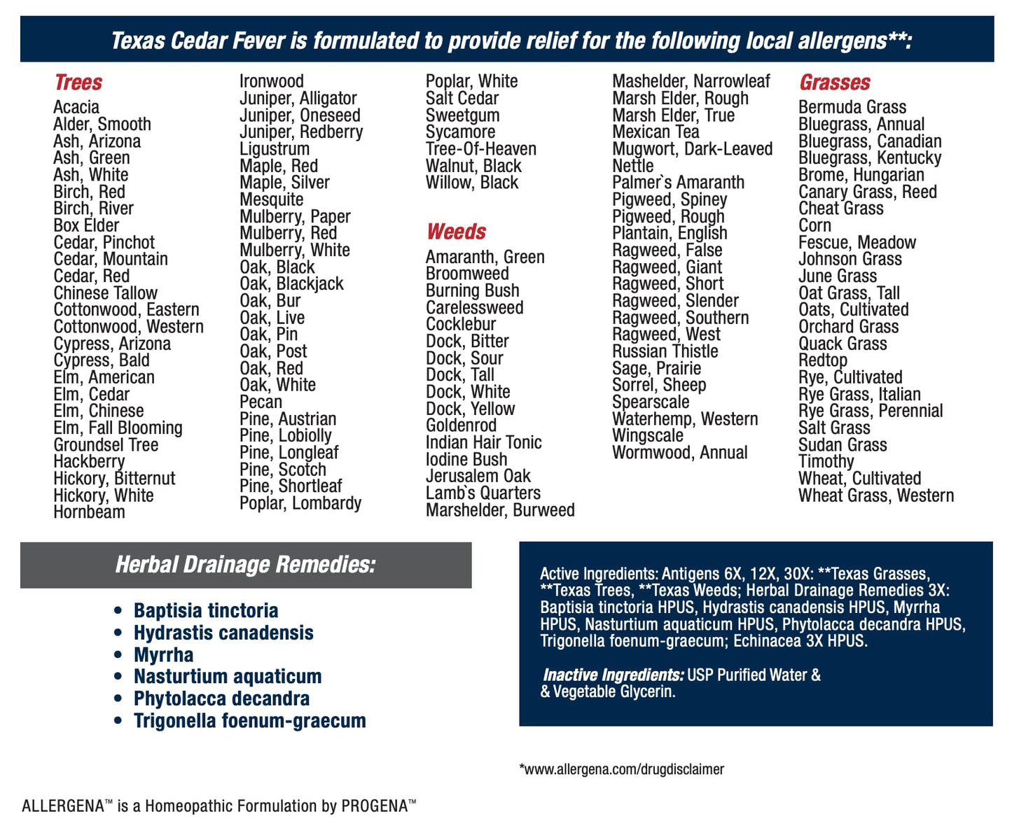 PROGENA Allergena Texas Cedar Fever liquid formula under the tongue application guide