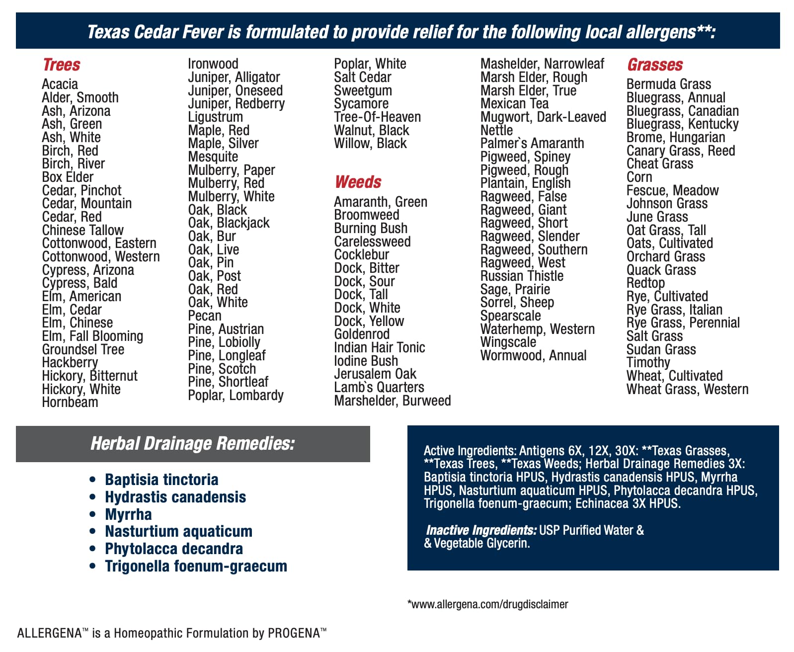 PROGENA Allergena Texas Cedar Fever liquid formula under the tongue application guide
