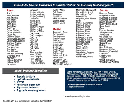 PROGENA Allergena Texas Cedar Fever liquid formula under the tongue application guide