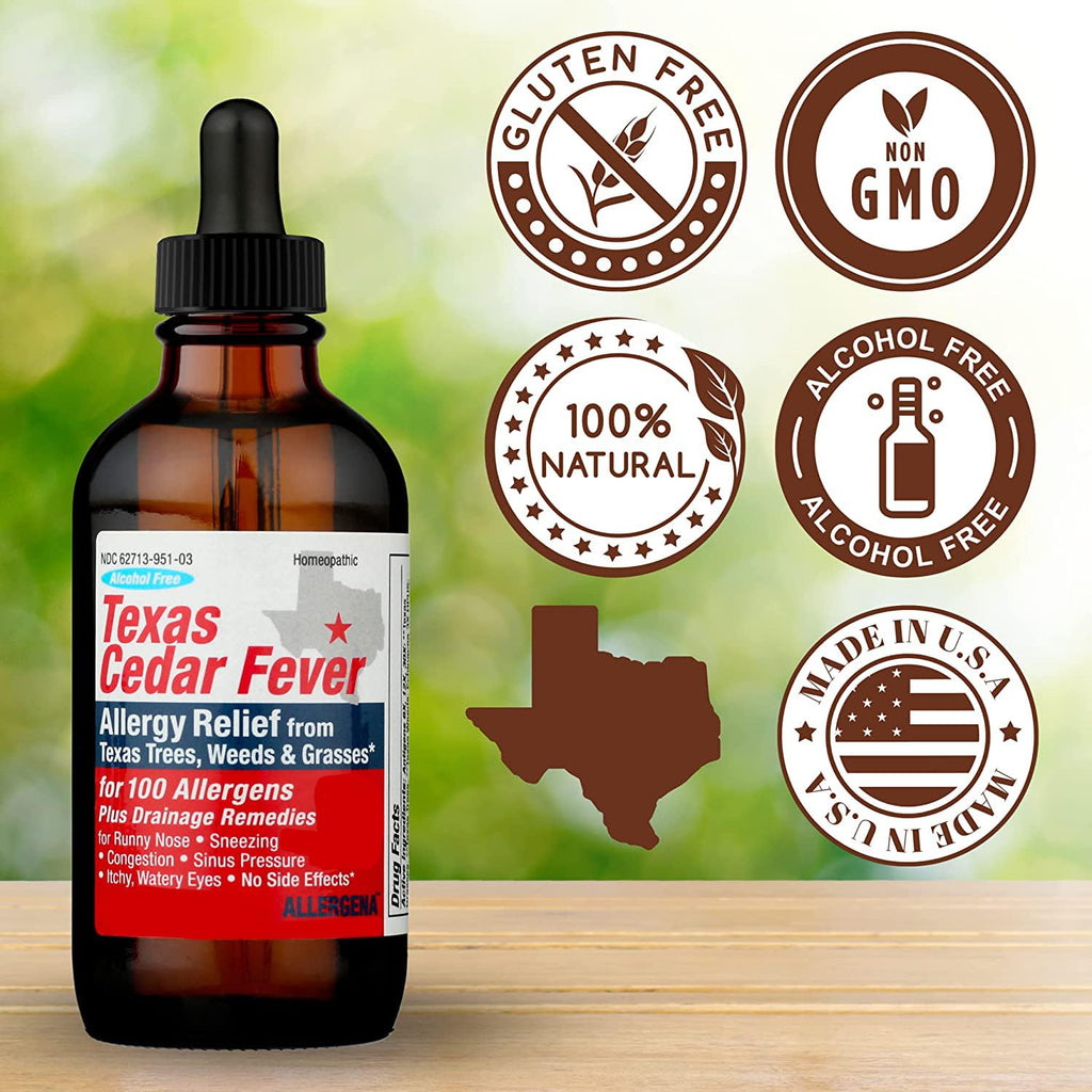 PROGENA Allergena Texas Cedar Fever adult formula side panel displaying vegetable glycerin base