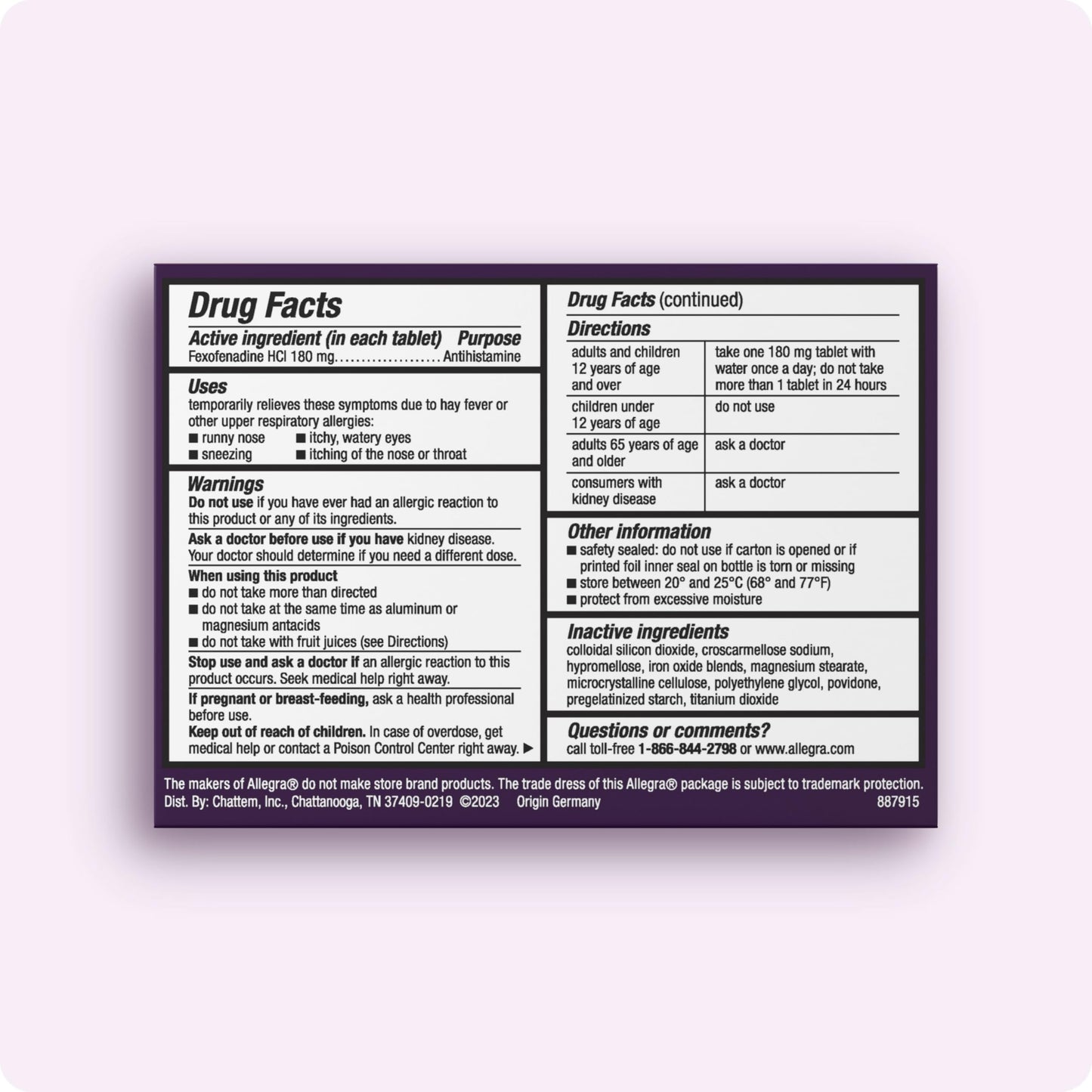 Allegra non drowsy 180 mg fexofenadine hydrochloride antihistamine bottle side label