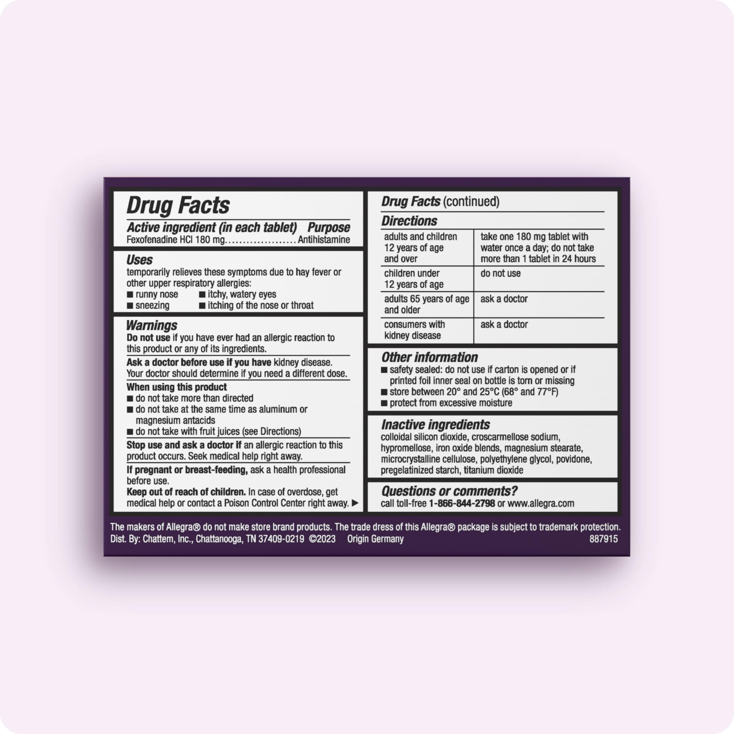 Allegra non drowsy 180 mg fexofenadine hydrochloride antihistamine bottle side label