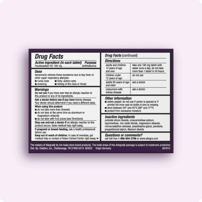 Allegra non drowsy 180 mg fexofenadine hydrochloride antihistamine bottle side label