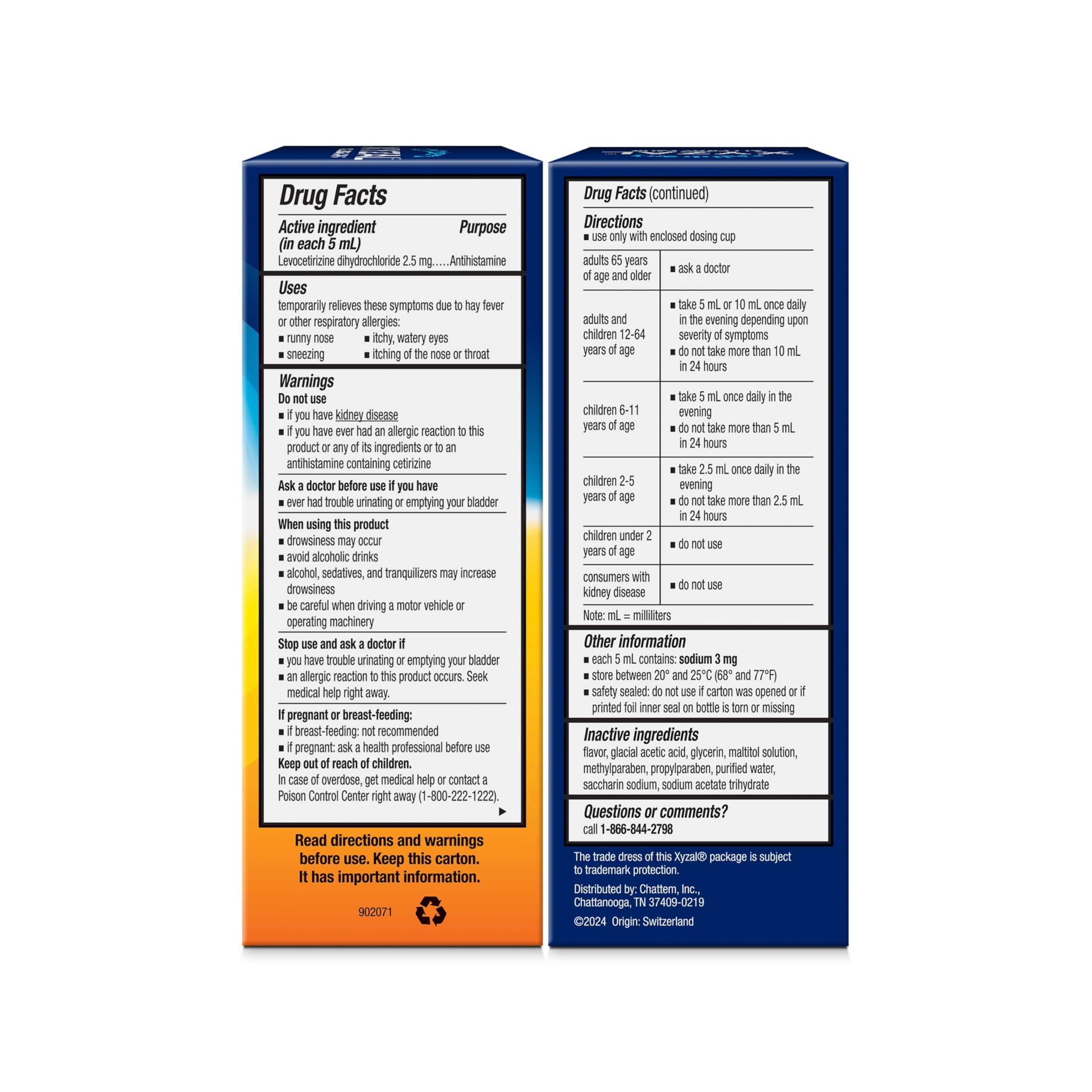 Childrens Xyzal bubble gum flavored antihistamine solution packaging details