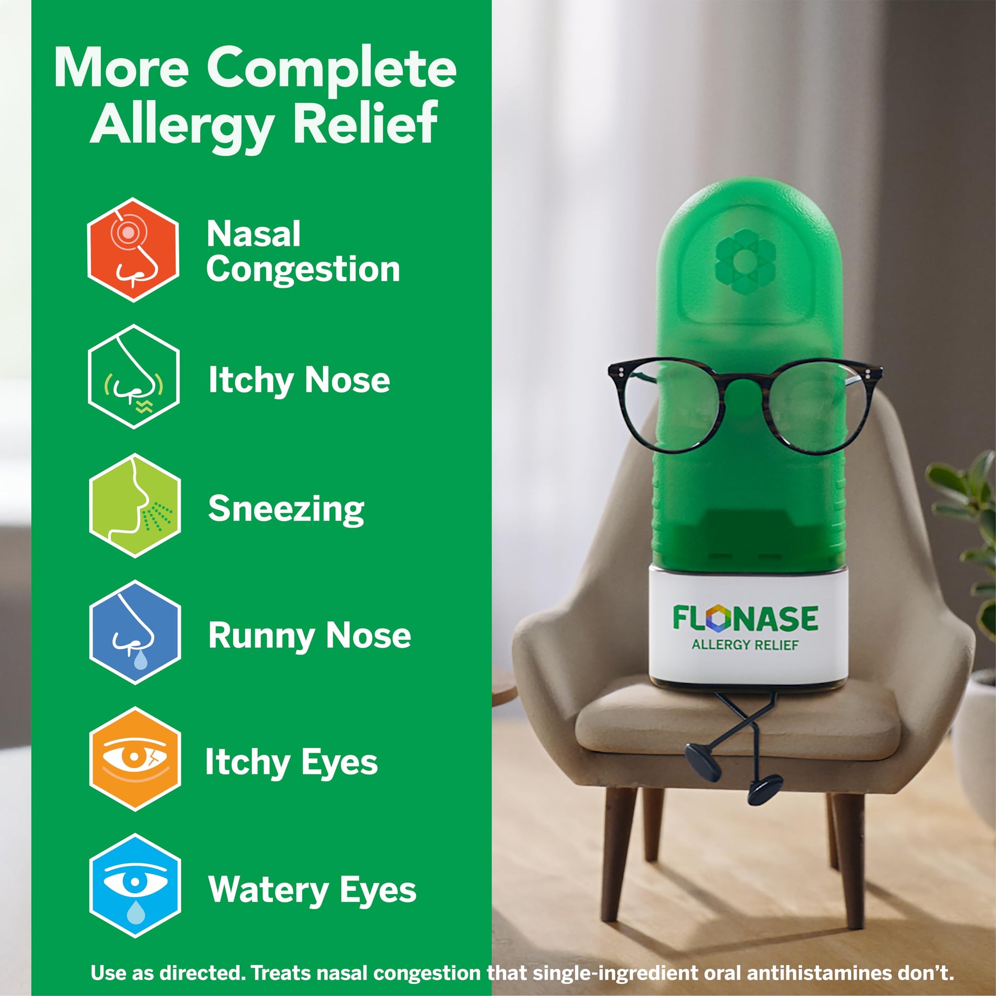 Flonase Sensimist imported nasal mist box detailing the multi symptom relief for nasal congestion.