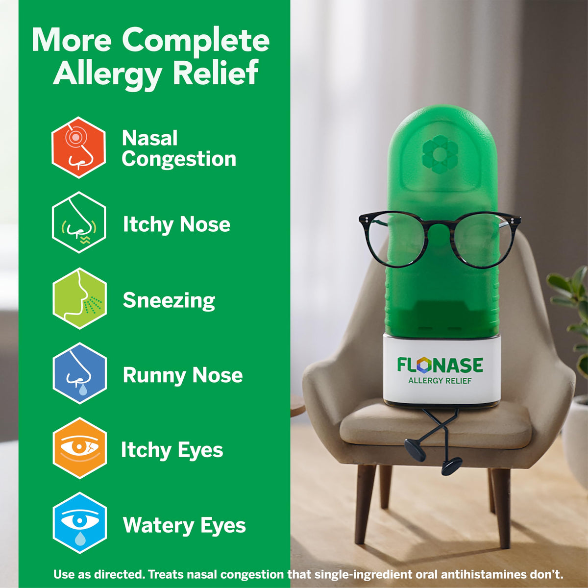 Flonase Sensimist imported nasal mist box detailing the multi symptom relief for nasal congestion.
