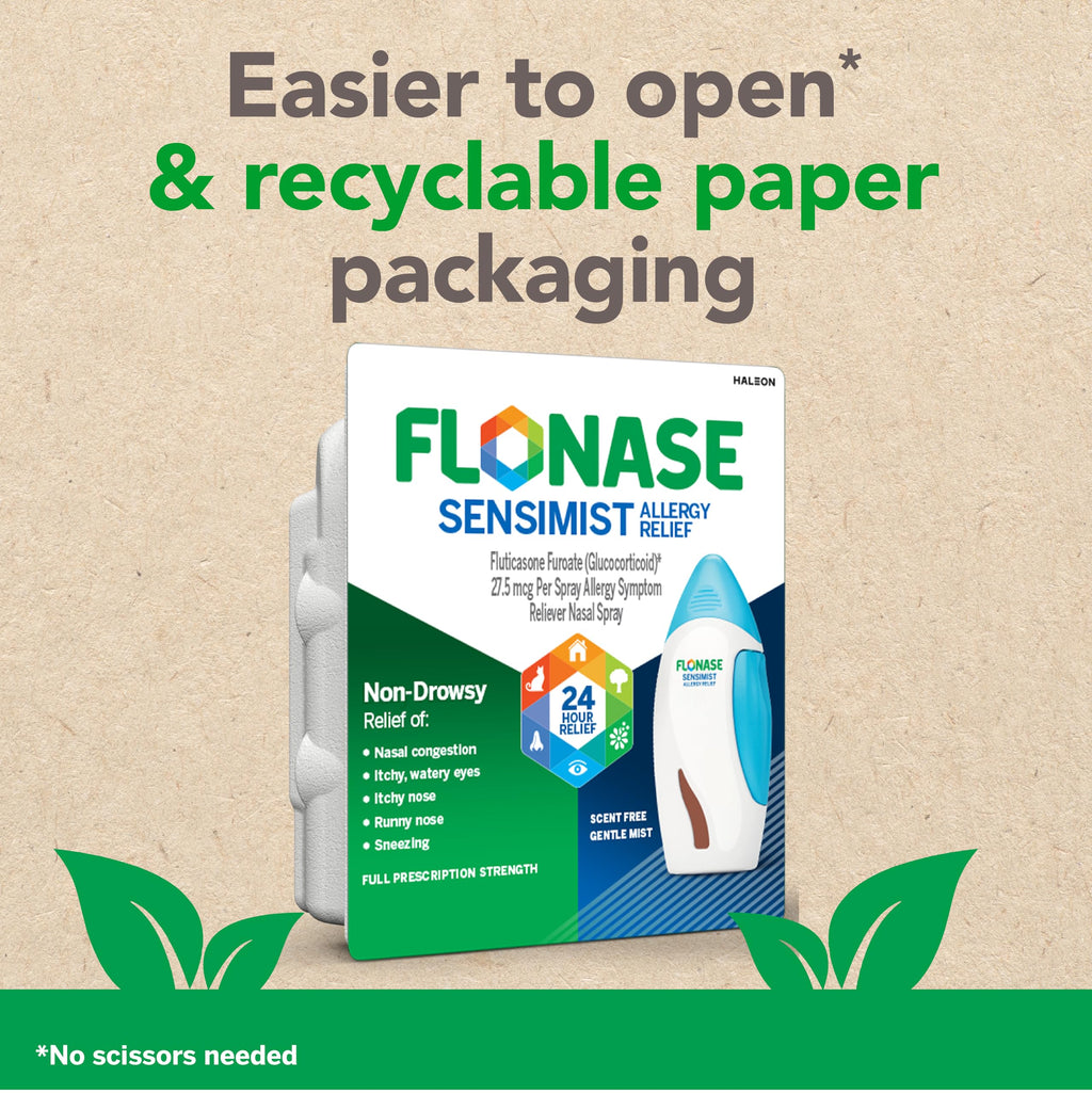 Flonase Sensimist prescription strength allergy spray package instructions and daily dosage guidelines.