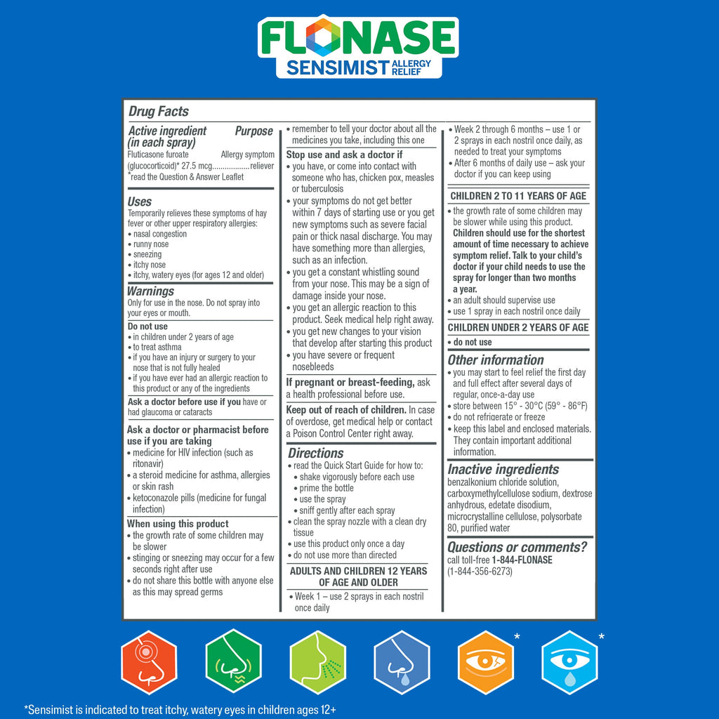 Flonase Sensimist scent free allergy mist product angle illustrating the ergonomic side activated pump.