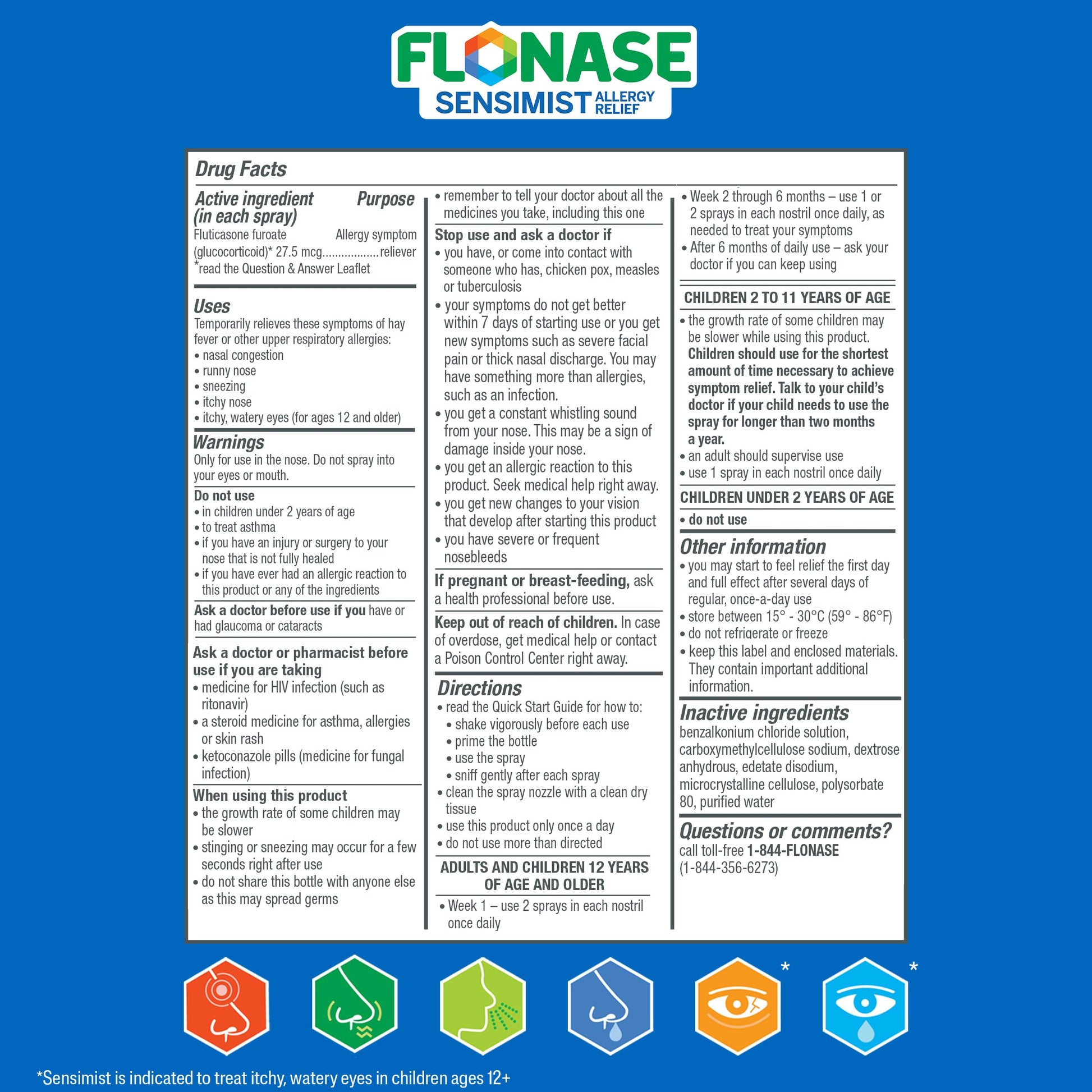 Flonase Sensimist scent free allergy mist product angle illustrating the ergonomic side activated pump.