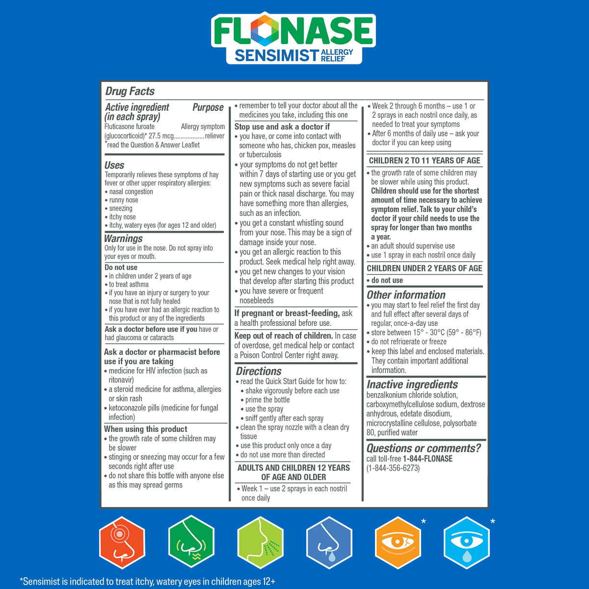 Flonase Sensimist scent free allergy mist product angle illustrating the ergonomic side activated pump.