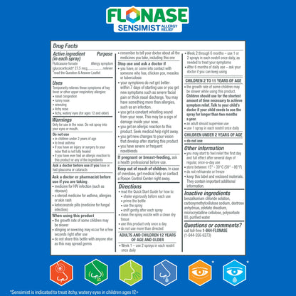 Flonase Sensimist scent free allergy mist product angle illustrating the ergonomic side activated pump.