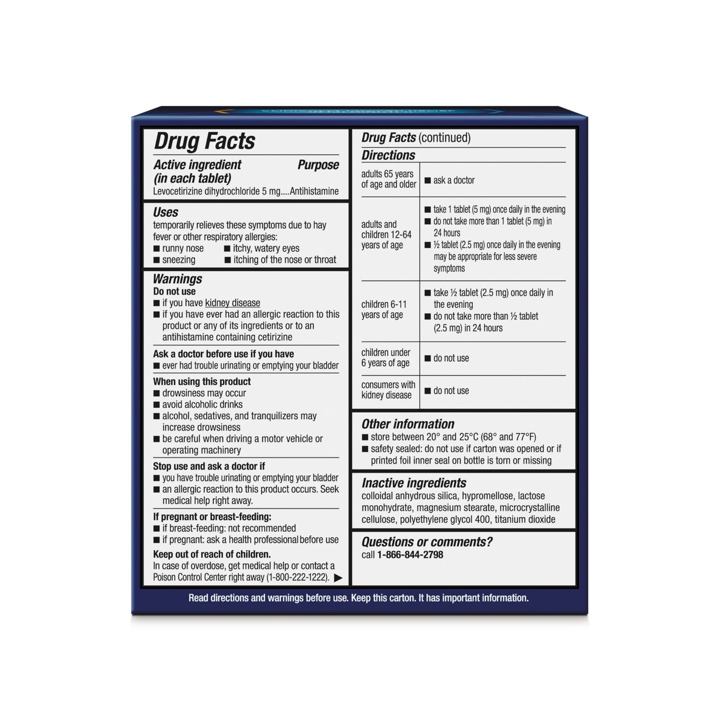 Xyzal Levocetirizine Dihydrochloride 5 mg tablets side panel details with active ingredient information.