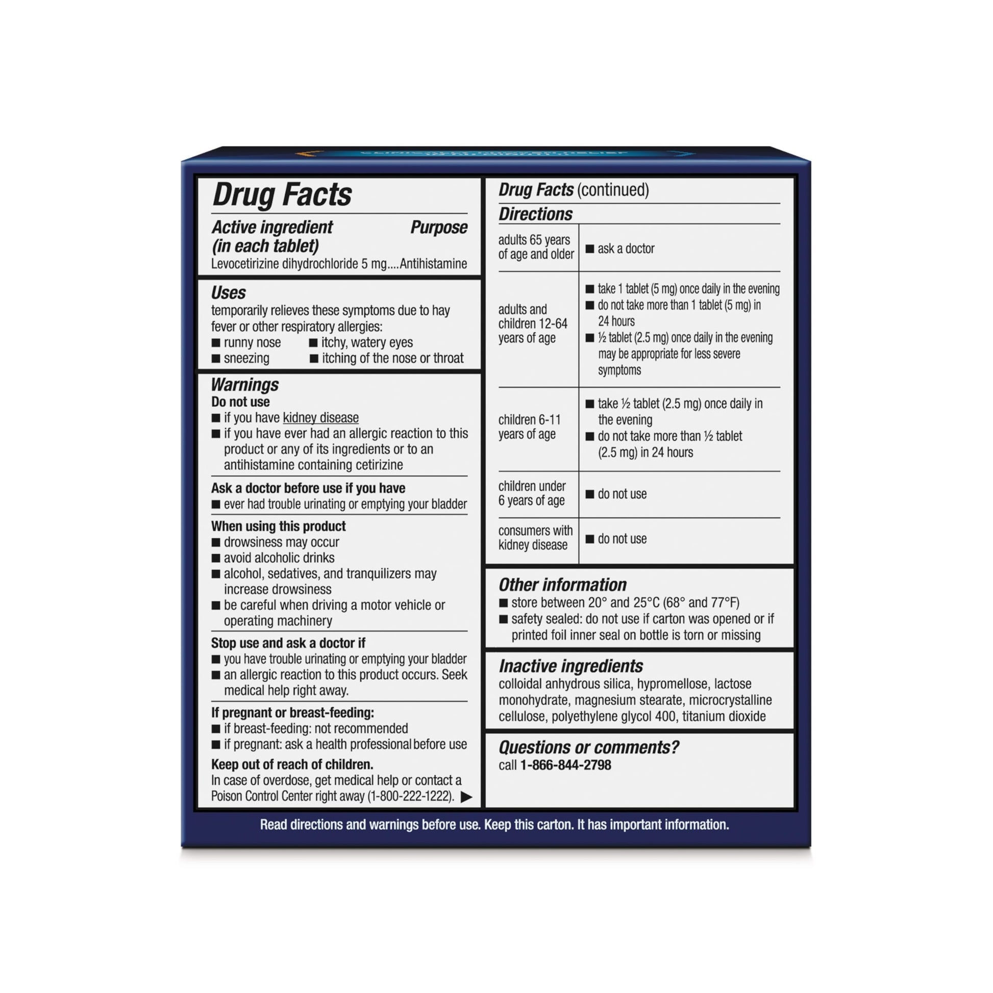 Xyzal Levocetirizine Dihydrochloride 5 mg tablets side panel details with active ingredient information.