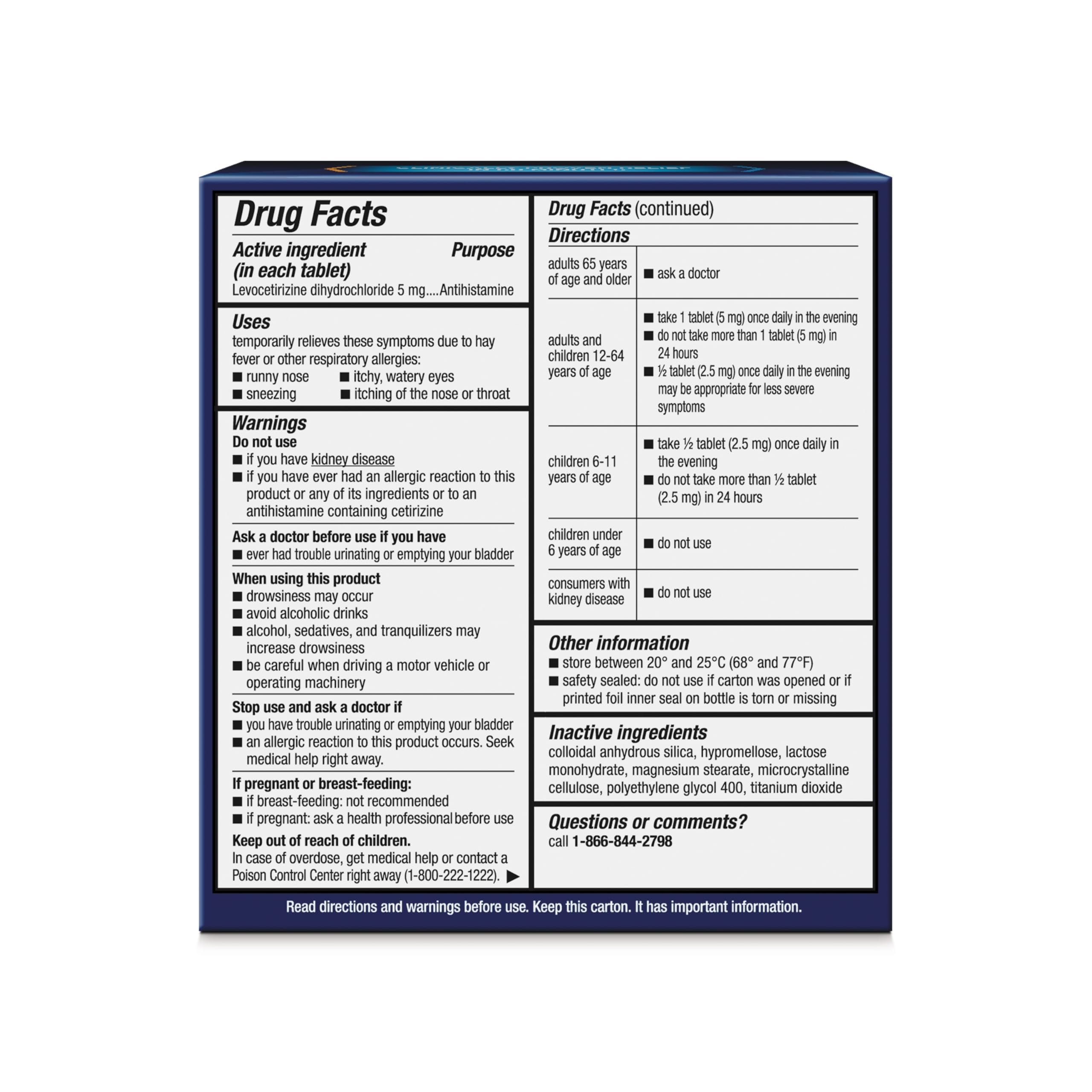 Xyzal Levocetirizine Dihydrochloride 5 mg tablets side panel details with active ingredient information.