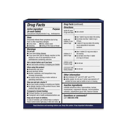 Xyzal Levocetirizine Dihydrochloride 5 mg tablets side panel details with active ingredient information.
