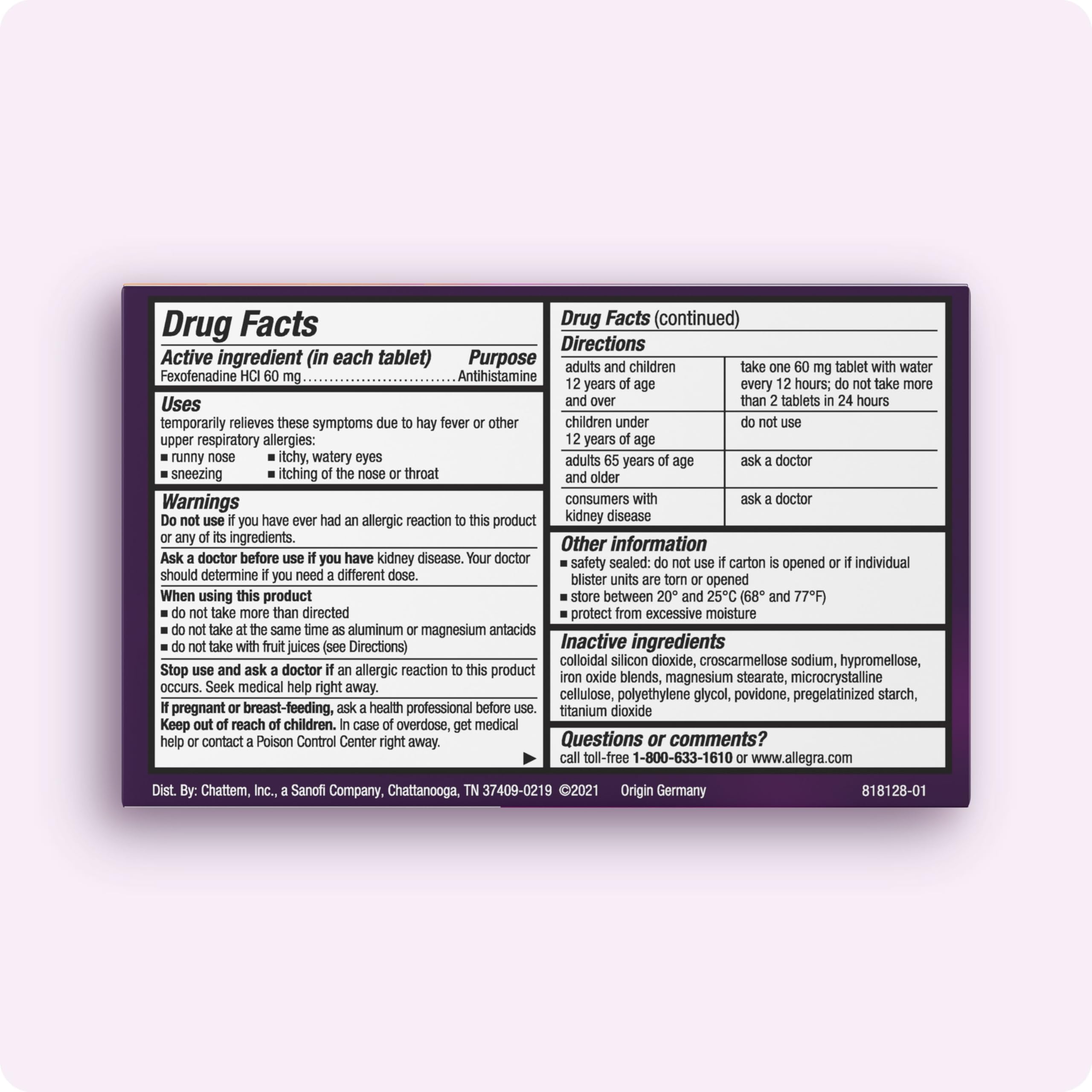 Allegra non drowsy antihistamine pills twenty four count pack for seasonal indoor and outdoor allergy support.