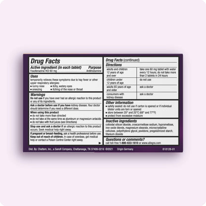 Allegra non drowsy antihistamine pills twenty four count pack for seasonal indoor and outdoor allergy support.