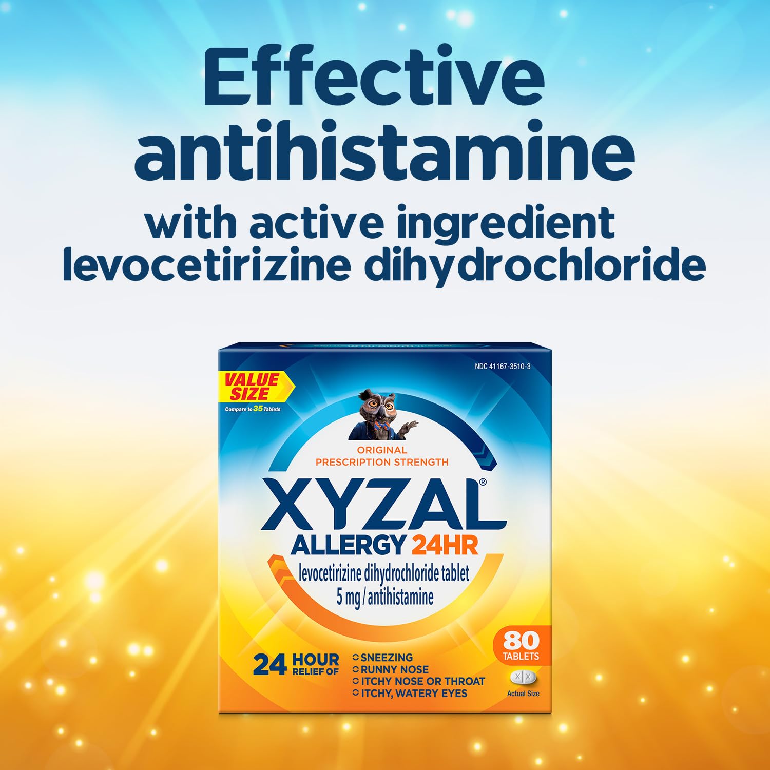 Xyzal 24 Hour Allergy Relief package showing the full ingredient list and daily recommendations.