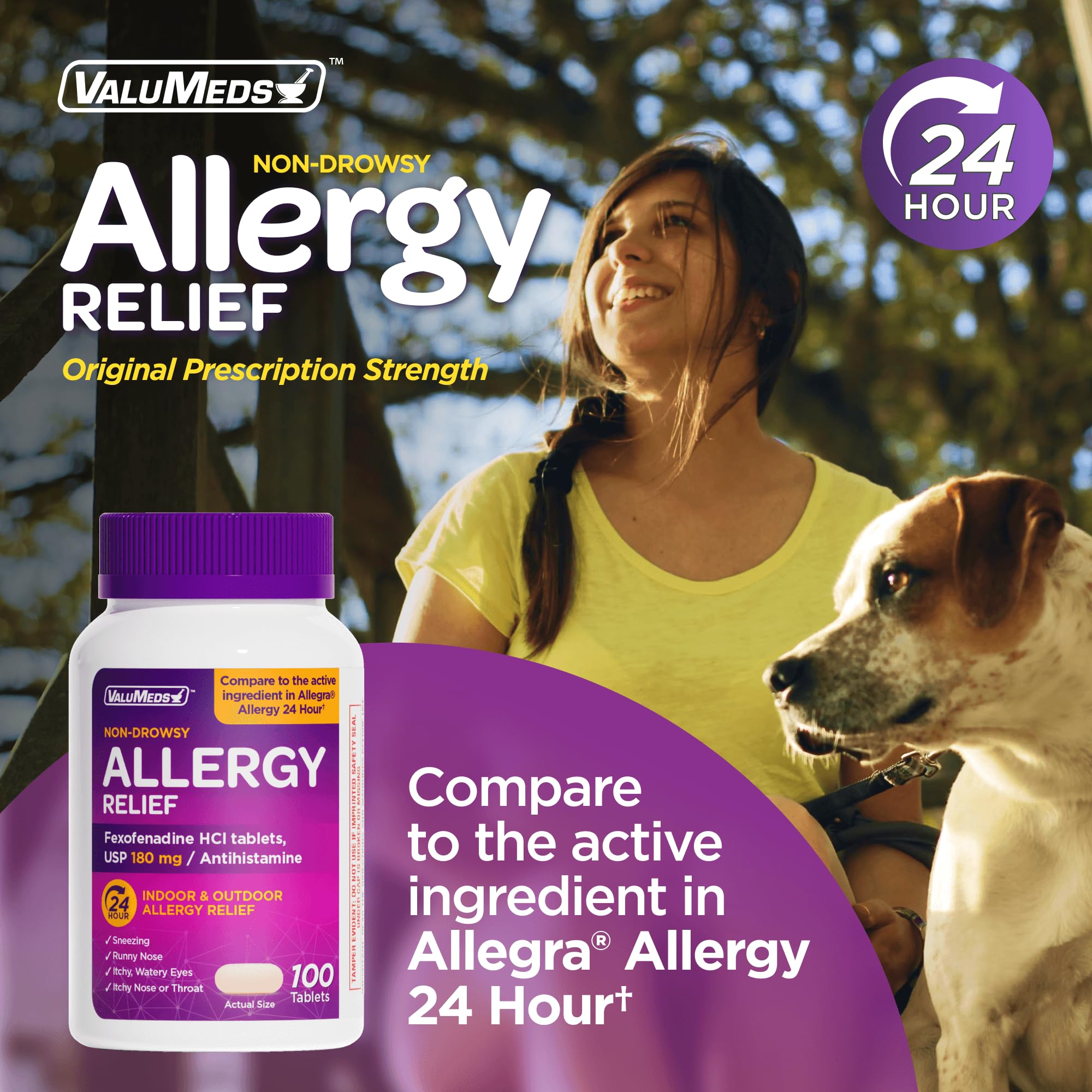 ValuMeds 24 hour allergy medicine packaging highlighting fexofenadine hydrochloride active ingredient information.