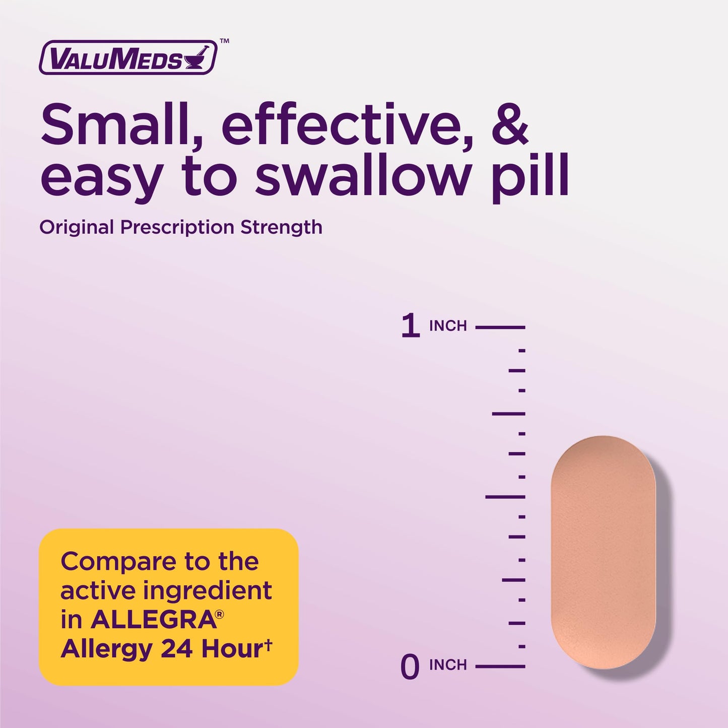 ValuMeds 100 count fexofenadine hydrochloride 180 mg packaging showing target allergy symptoms.