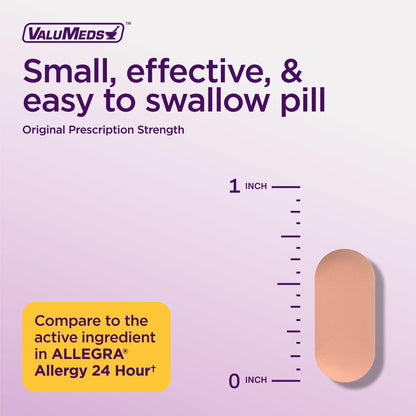ValuMeds 100 count fexofenadine hydrochloride 180 mg packaging showing target allergy symptoms.
