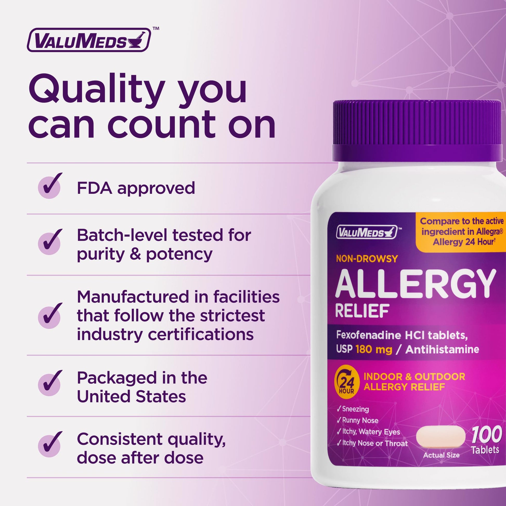 Close up view of ValuMeds allergy relief 180mg container label displaying adult usage warnings.