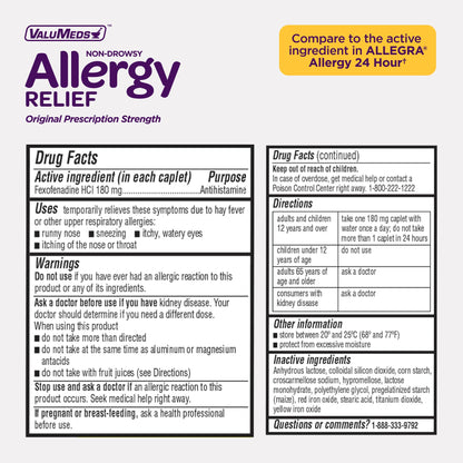 ValuMeds 24 hour fexofenadine hcl allergy medicine bottle placed upright on a clean retail background.