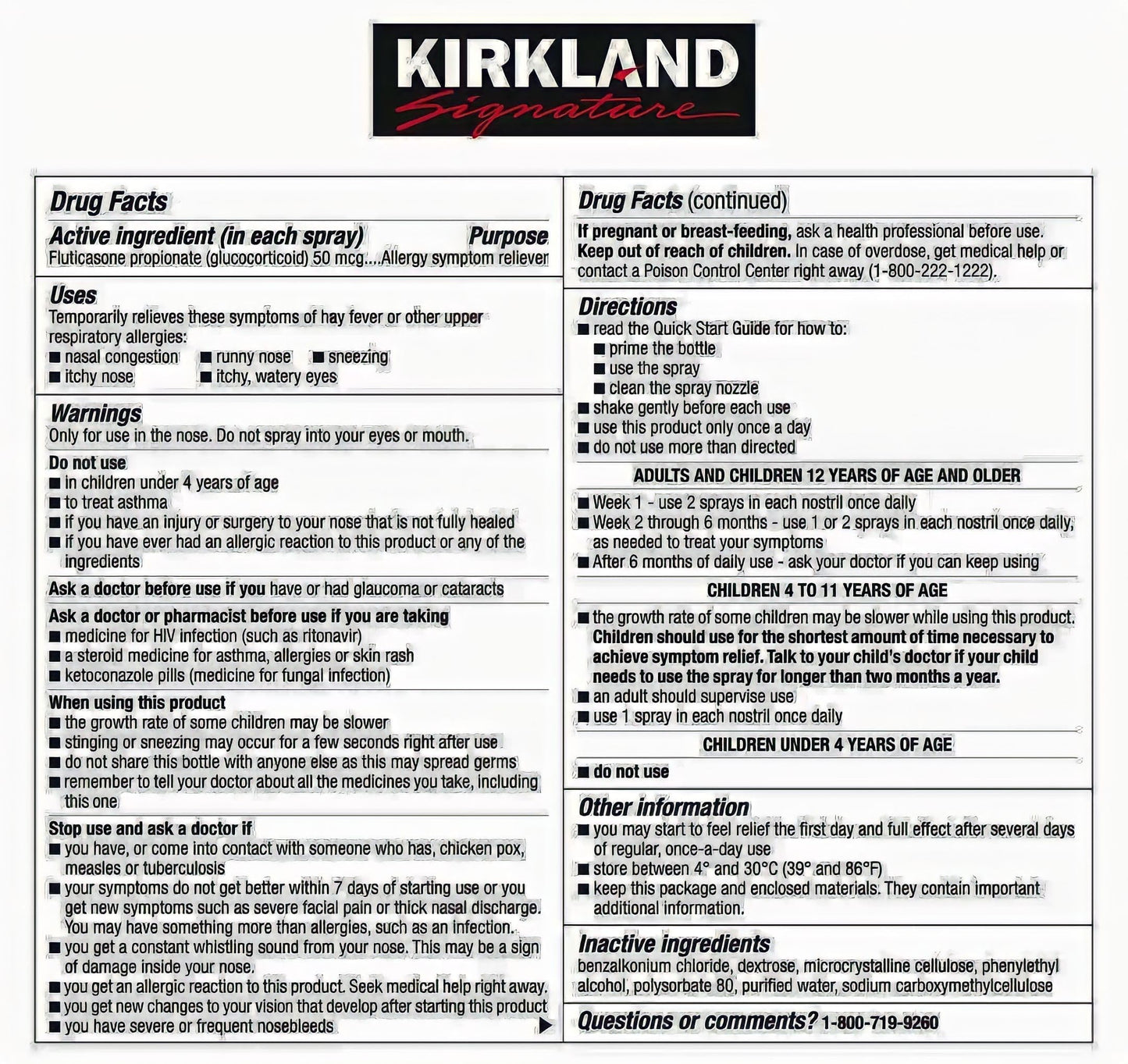 Kirkland Signature Aller-Flo 5 bottles pack showing 120 metered sprays per bottle details.