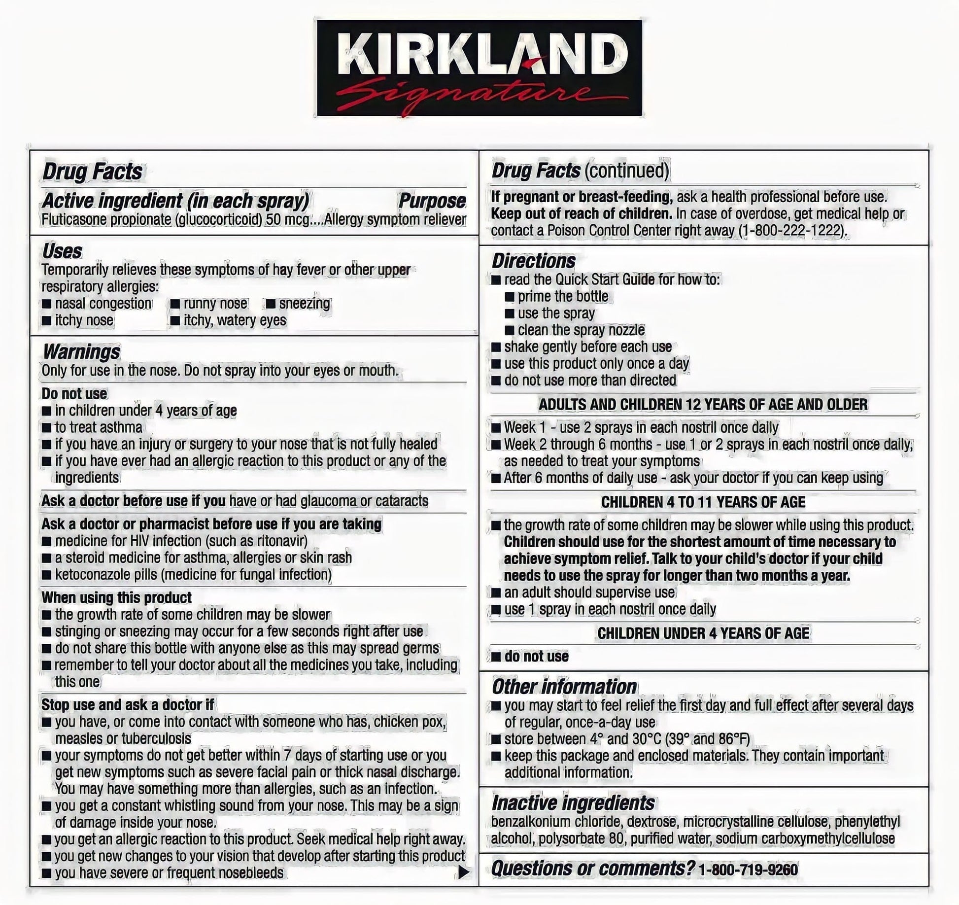 Kirkland Signature Aller-Flo 5 bottles pack showing 120 metered sprays per bottle details.