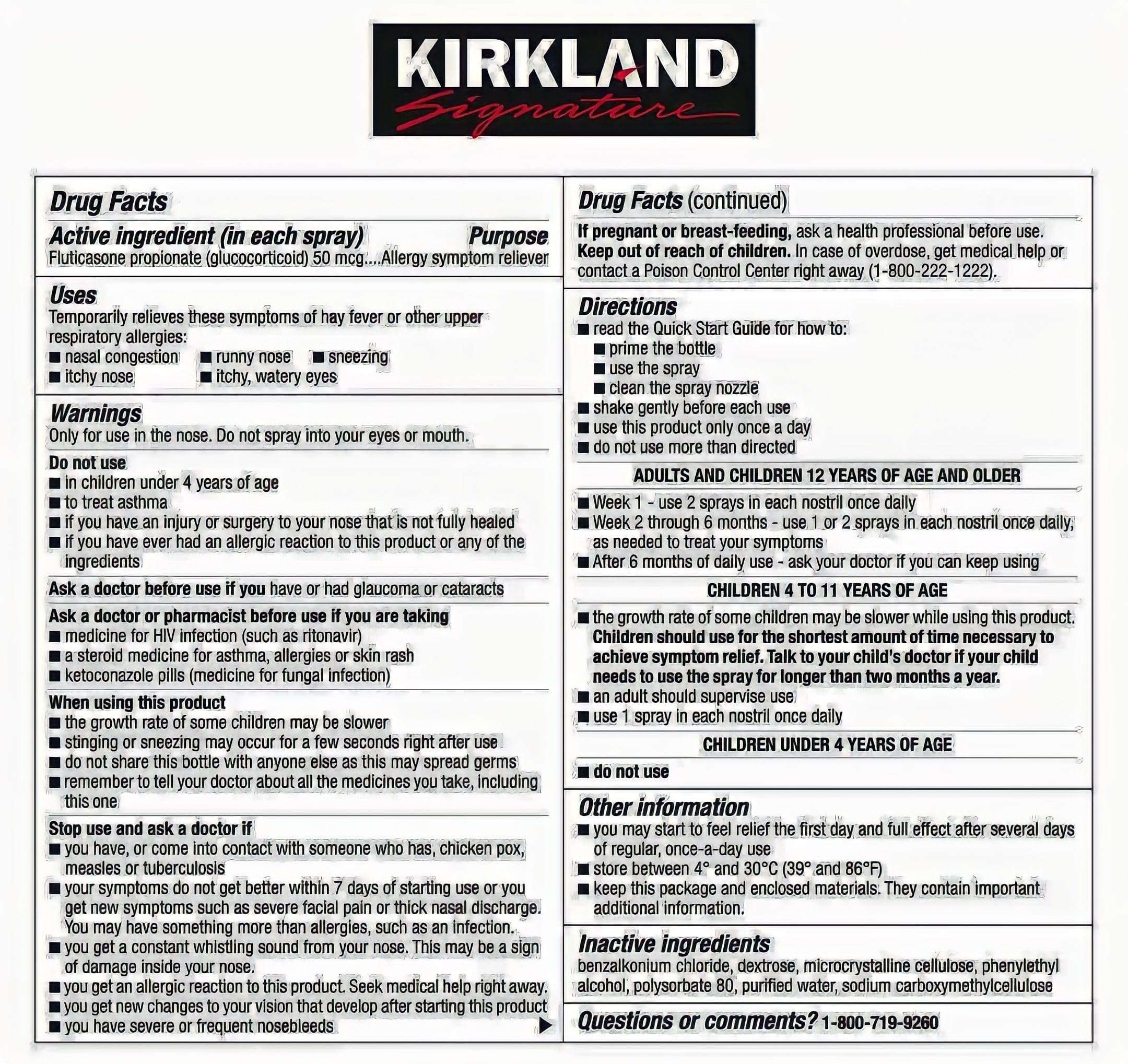 Kirkland Signature Aller-Flo 5 bottles pack showing 120 metered sprays per bottle details.