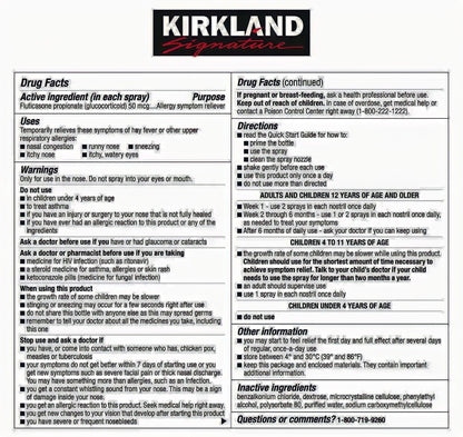 Kirkland Signature Aller-Flo 5 bottles pack showing 120 metered sprays per bottle details.