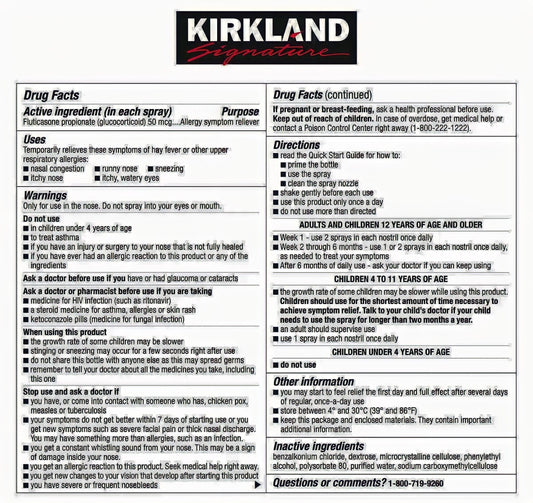 Kirkland Signature Aller-Flo 5 bottles pack showing 120 metered sprays per bottle details.