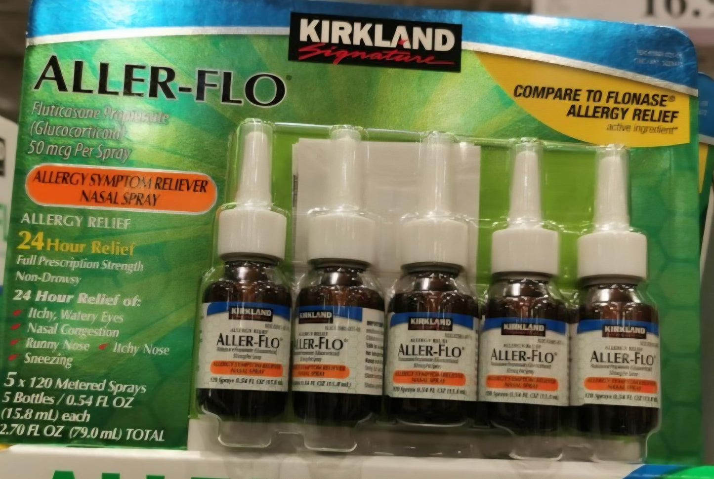 Kirkland Signature Aller-Flo 50 mcg non drowsy glucocorticoid nasal allergy spray active ingredients label.