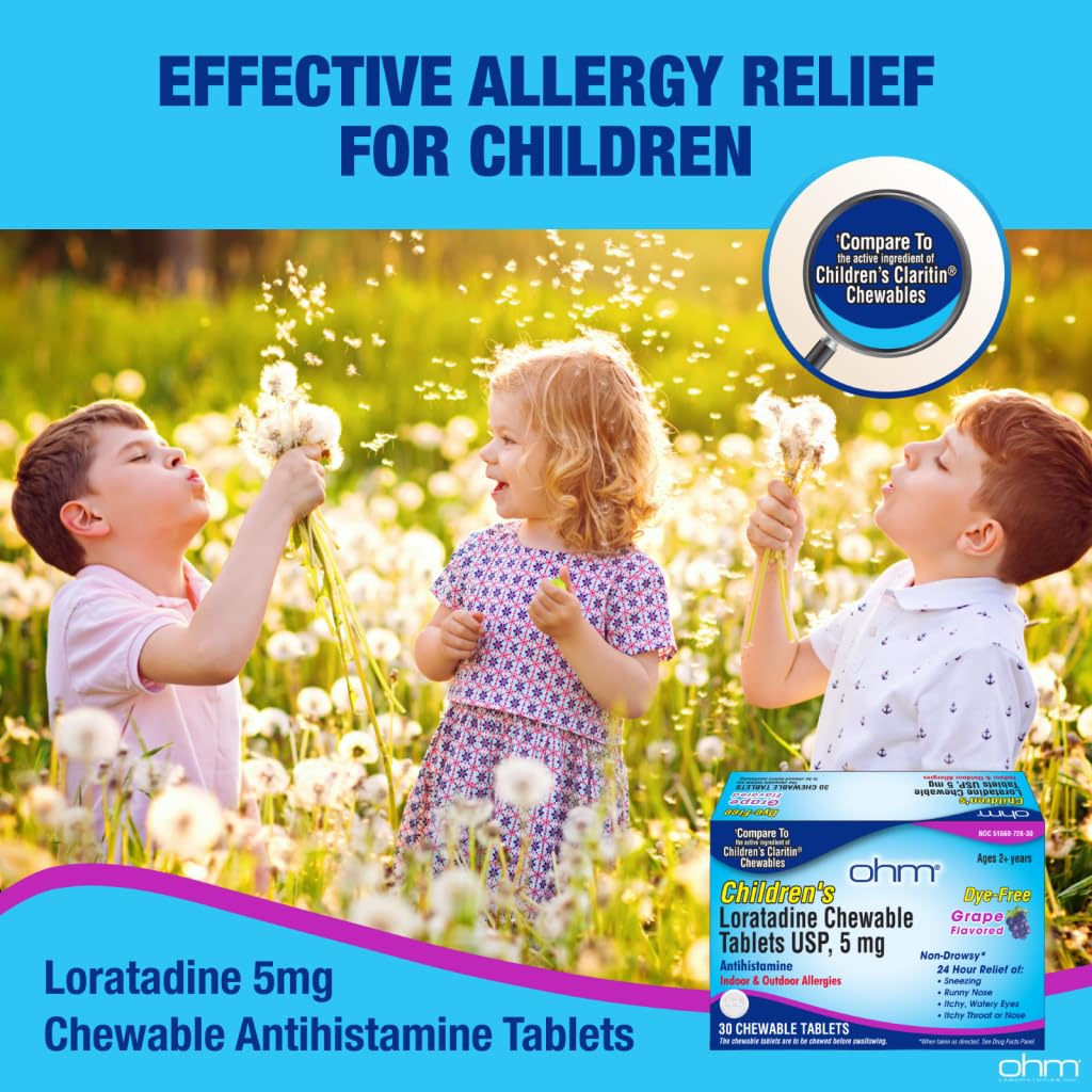 Ohm non-drowsy antihistamine chewable tablets for kids showing drug facts panel and dosage instructions