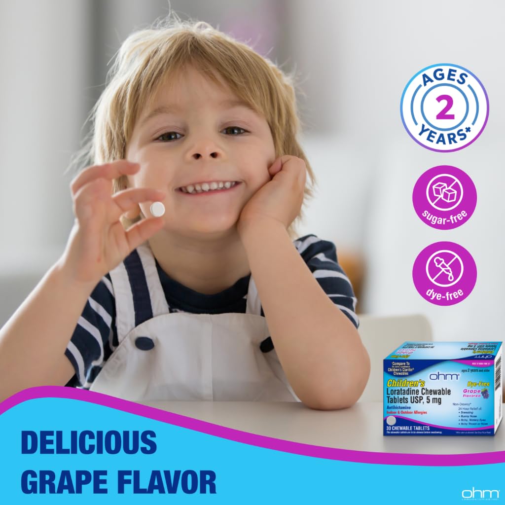 Authentic USA imported Ohm kids allergy chewable tablets in grape flavor for twenty-four hour symptom relief