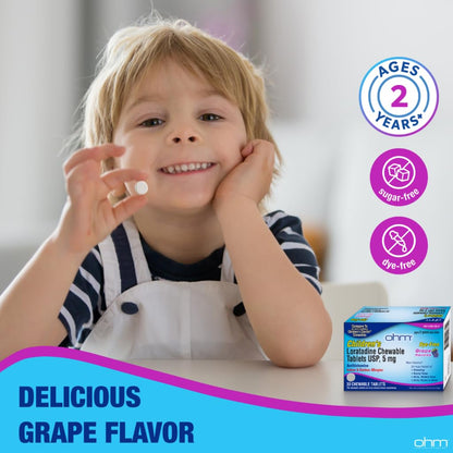 Authentic USA imported Ohm kids allergy chewable tablets in grape flavor for twenty-four hour symptom relief