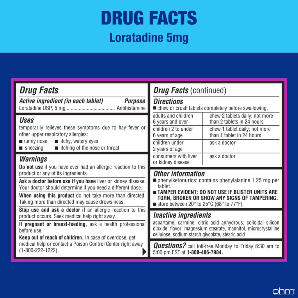 Ohm children's allergy chewable tablets box displaying ingredients and allergen defense indicators