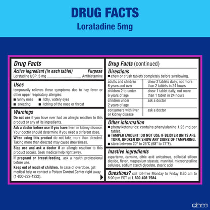 Ohm children's allergy chewable tablets box displaying ingredients and allergen defense indicators
