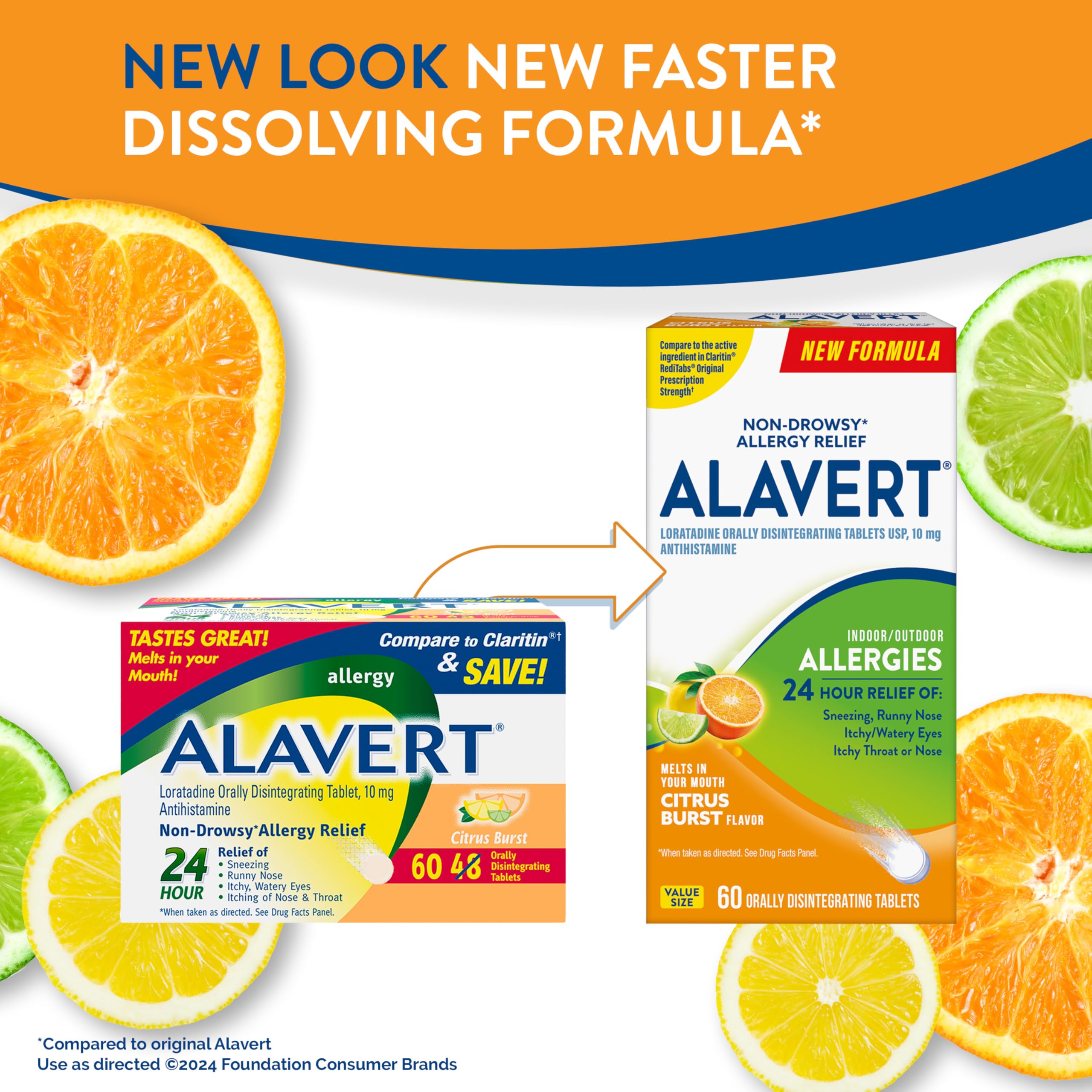 Alavert Citrus Burst flavor orally disintegrating allergy tablets packaging showing 10mg Loratadine strength