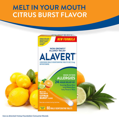 Alavert 60 count quick dissolving tablets for sneezing and runny nose relief product display